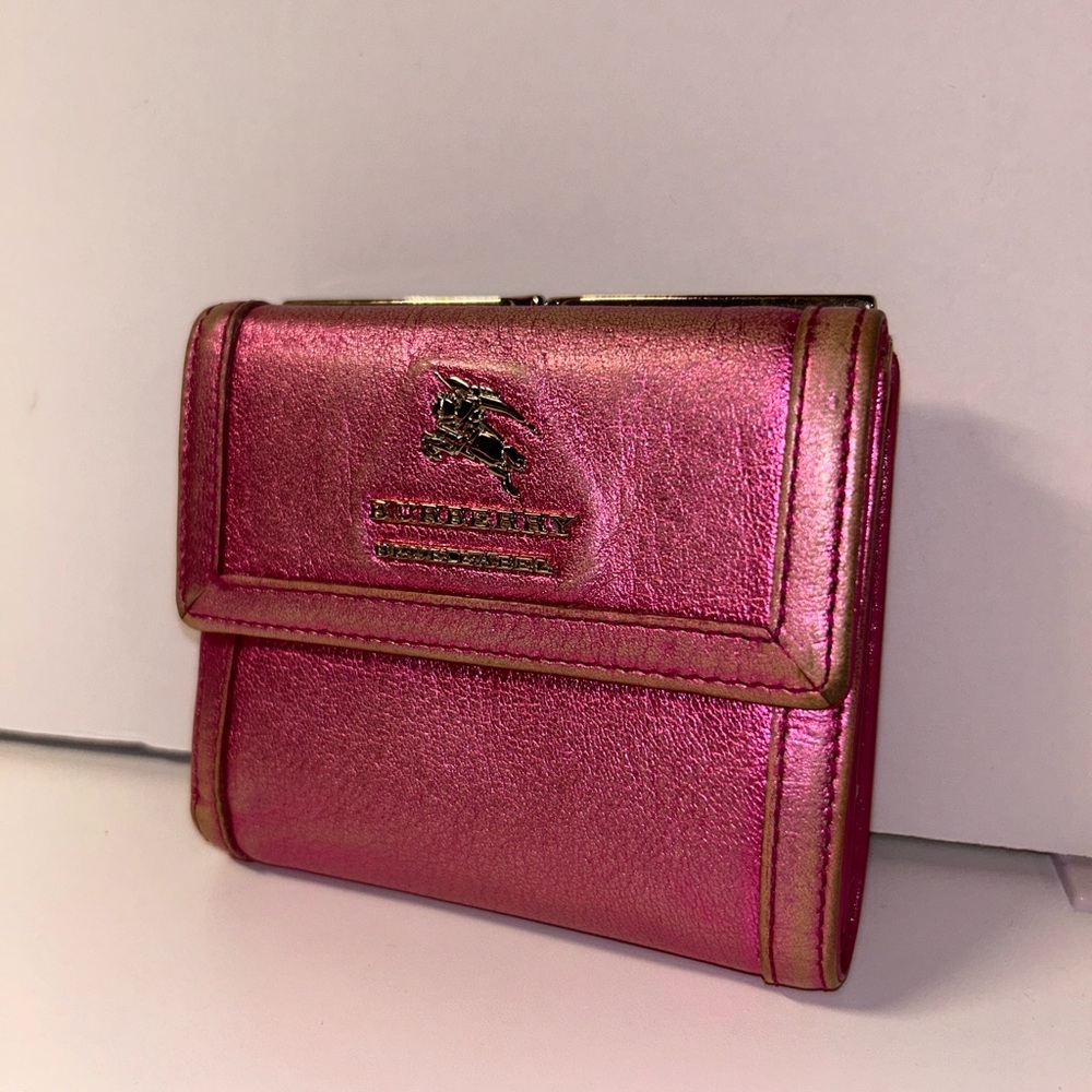 HTF Burberry Blue Label Tri-Fold Leather Wallet In Metallic Pink